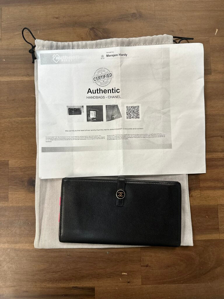 Chanel Black Caviar Leather CC Logo Button Long Bifold Wallet