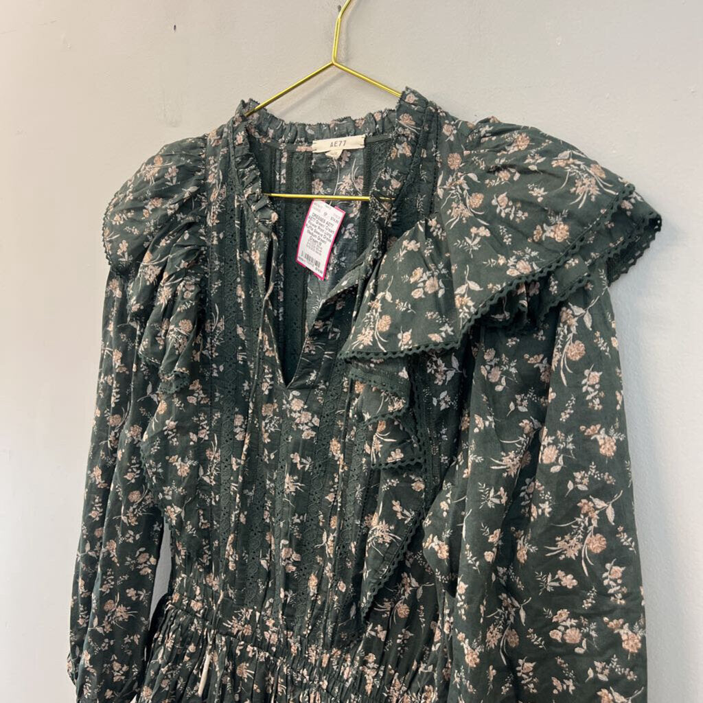 AE77 Green/ Cream Flower Print Long Ruffle Sleeve Dress Medium