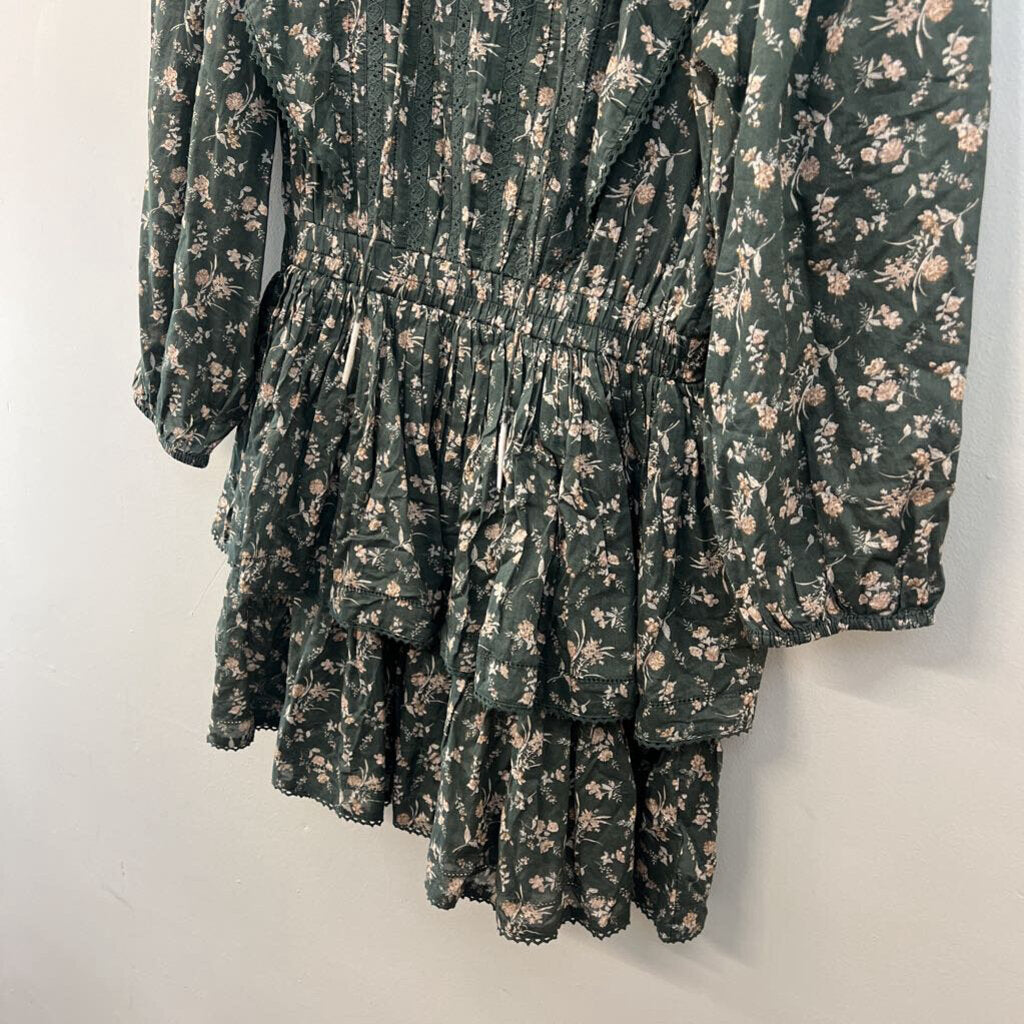 AE77 Green/ Cream Flower Print Long Ruffle Sleeve Dress Medium