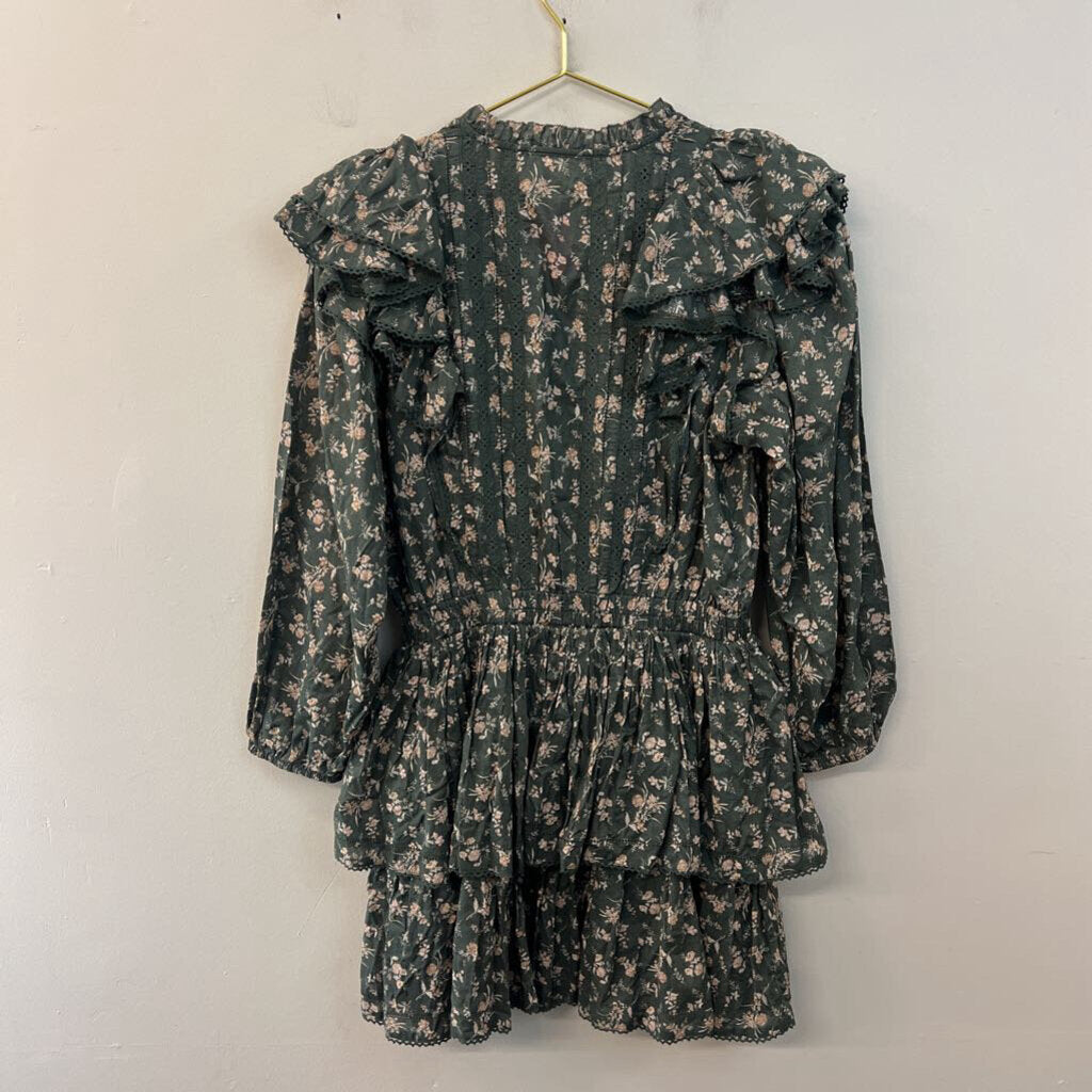 AE77 Green/ Cream Flower Print Long Ruffle Sleeve Dress Medium