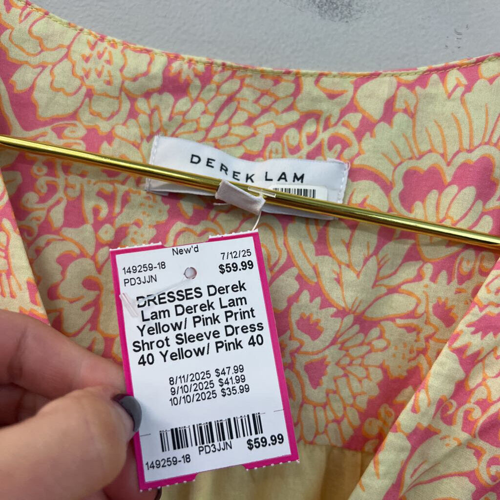 Derek Lam Yellow/ Pink Print Shrot Sleeve Dress 40