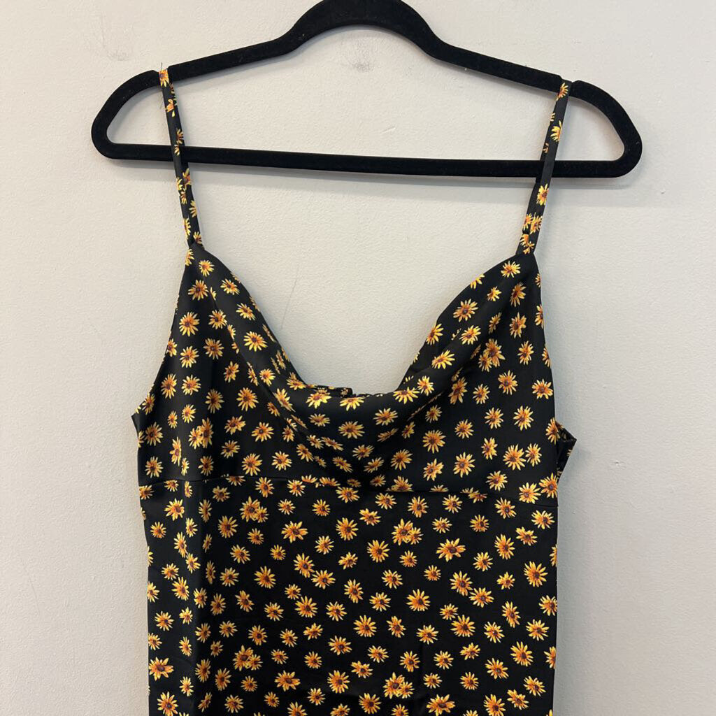 Weworewhat Black/ Yellow Flower Print Silky Midi Dress 14