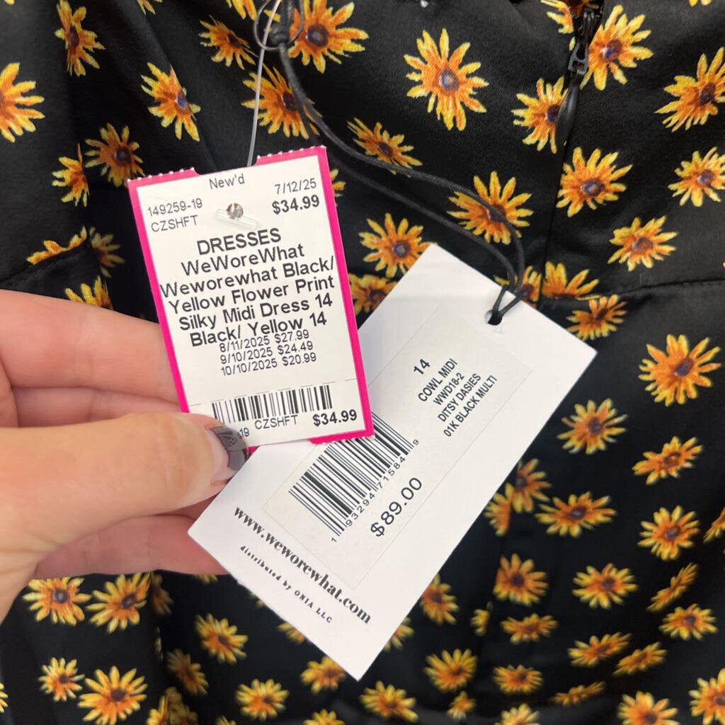 Weworewhat Black/ Yellow Flower Print Silky Midi Dress 14