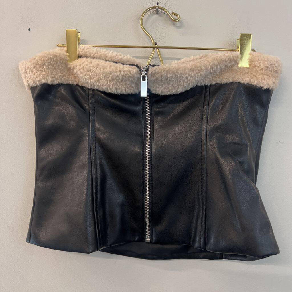 Weworewhat Blace Leather Fuzzy Trim Strapless Top 14