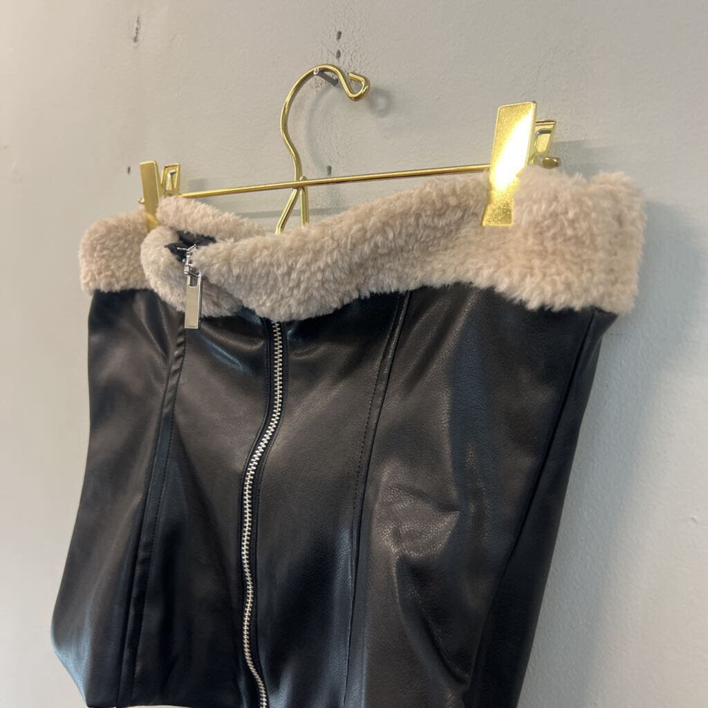 Weworewhat Blace Leather Fuzzy Trim Strapless Top 14