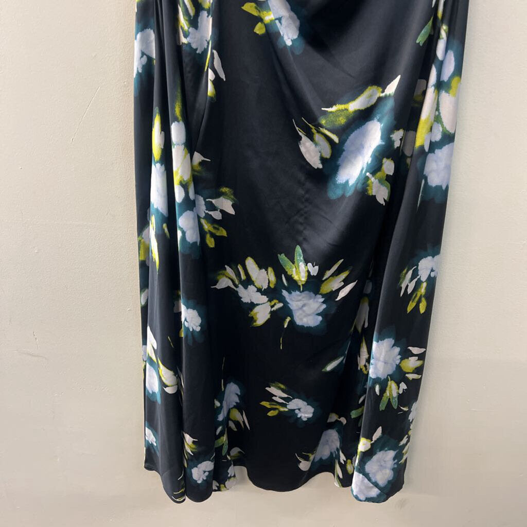 Tanya Taylor Navy/ Multi Print Silky Short Ruffle Sleeve Maxi Dress 10