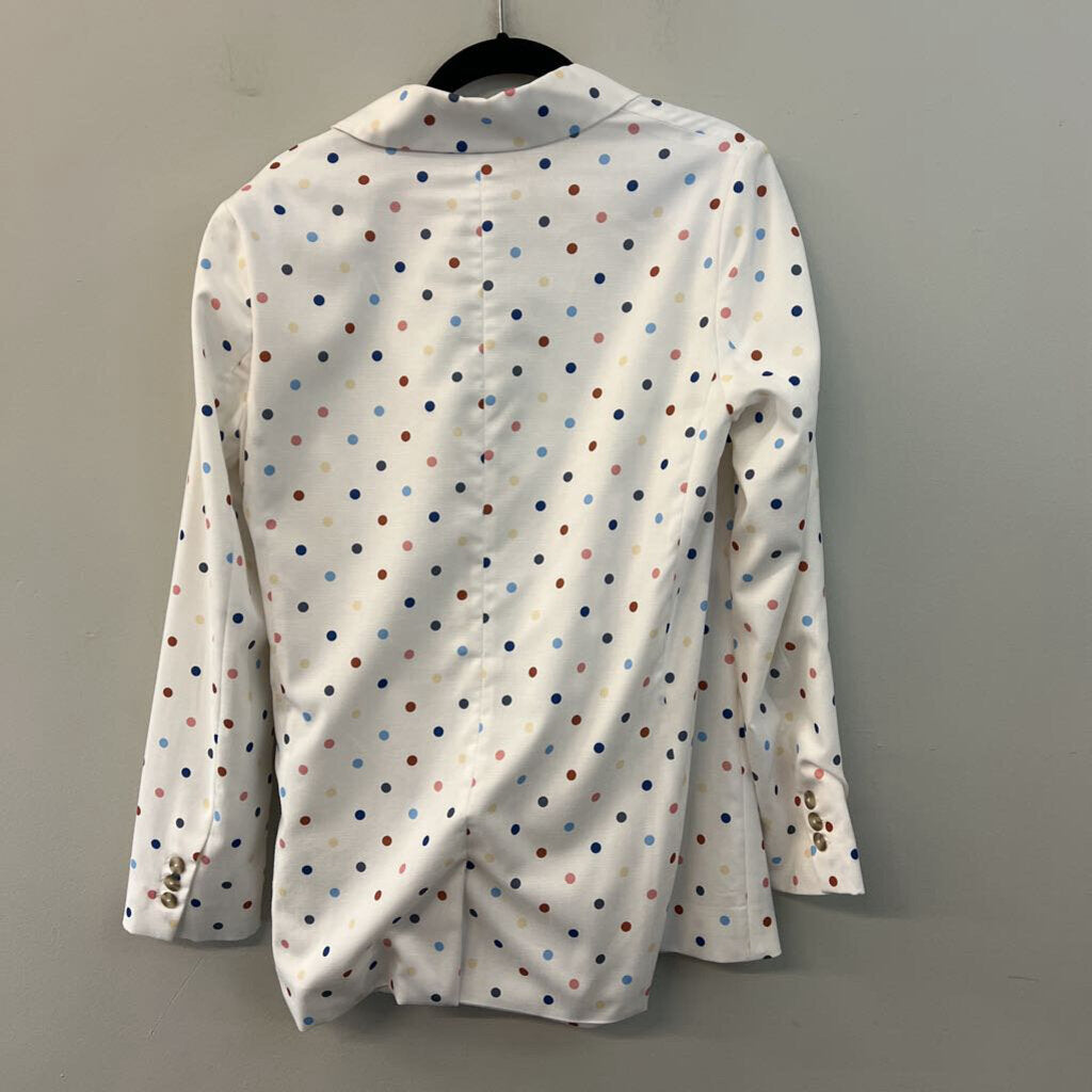 N12H White/ Multi Polka Dot Tie Front Blazer Top Medium