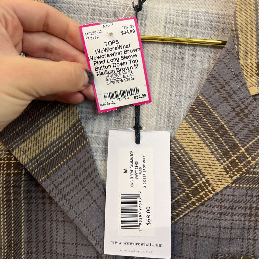 Weworewhat Brown Plaid Long Sleeve Button Down Top Medium