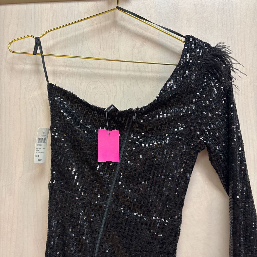 Windsor Black Sequin One Shoulder Short Formal Dress Small