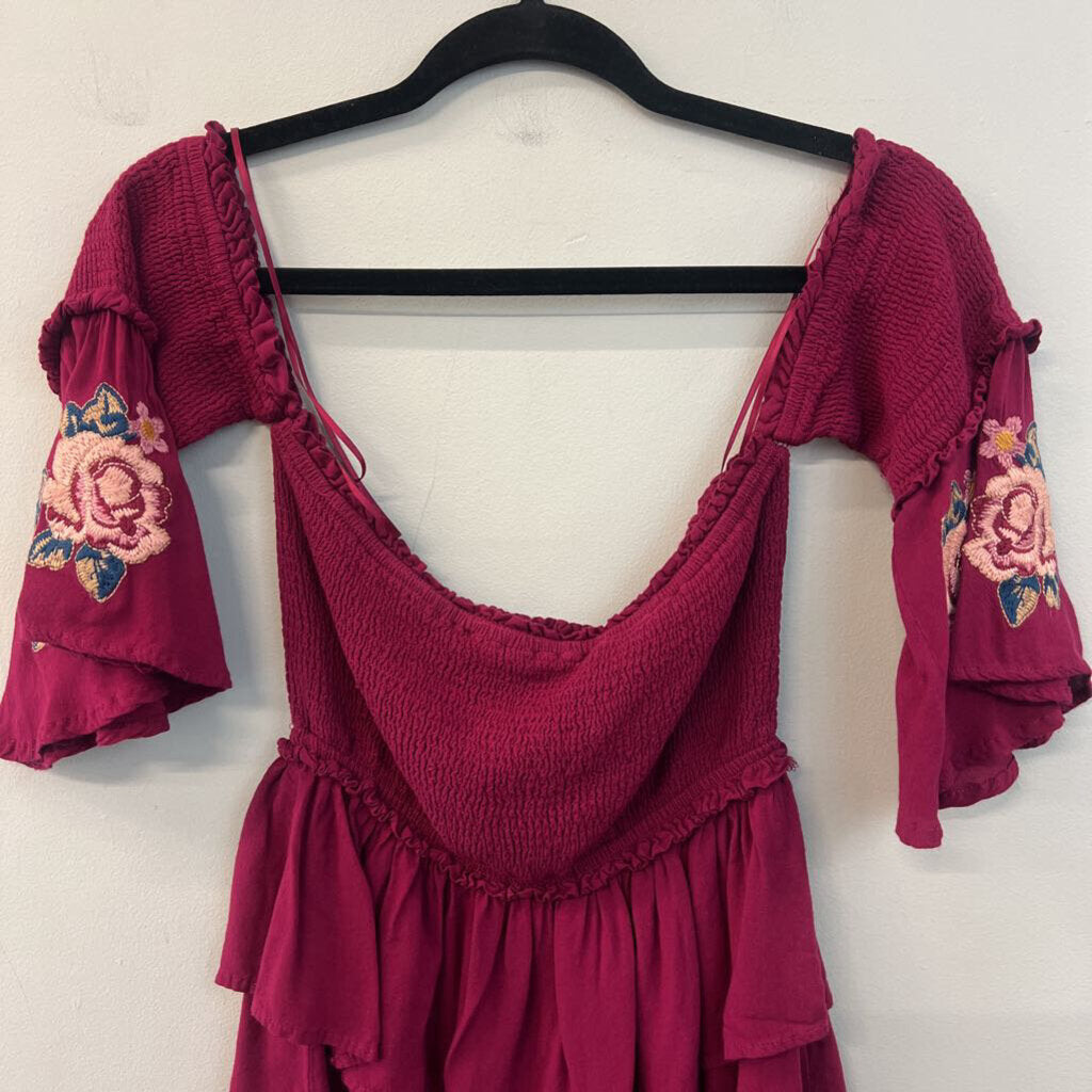 Andree By Unit Burgundy/ Multi Embroidered Sleeve Off Shoulder Top Large