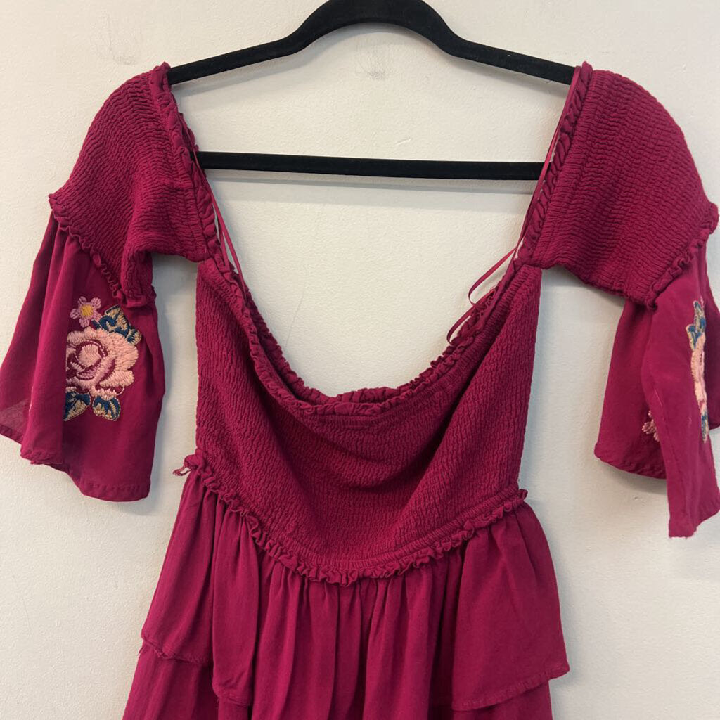 Andree By Unit Burgundy/ Multi Embroidered Sleeve Off Shoulder Top Large
