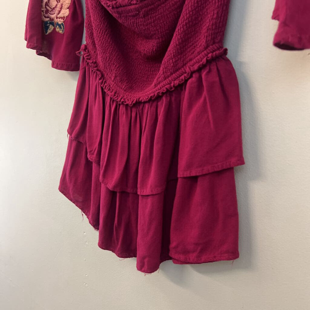 Andree By Unit Burgundy/ Multi Embroidered Sleeve Off Shoulder Top Large