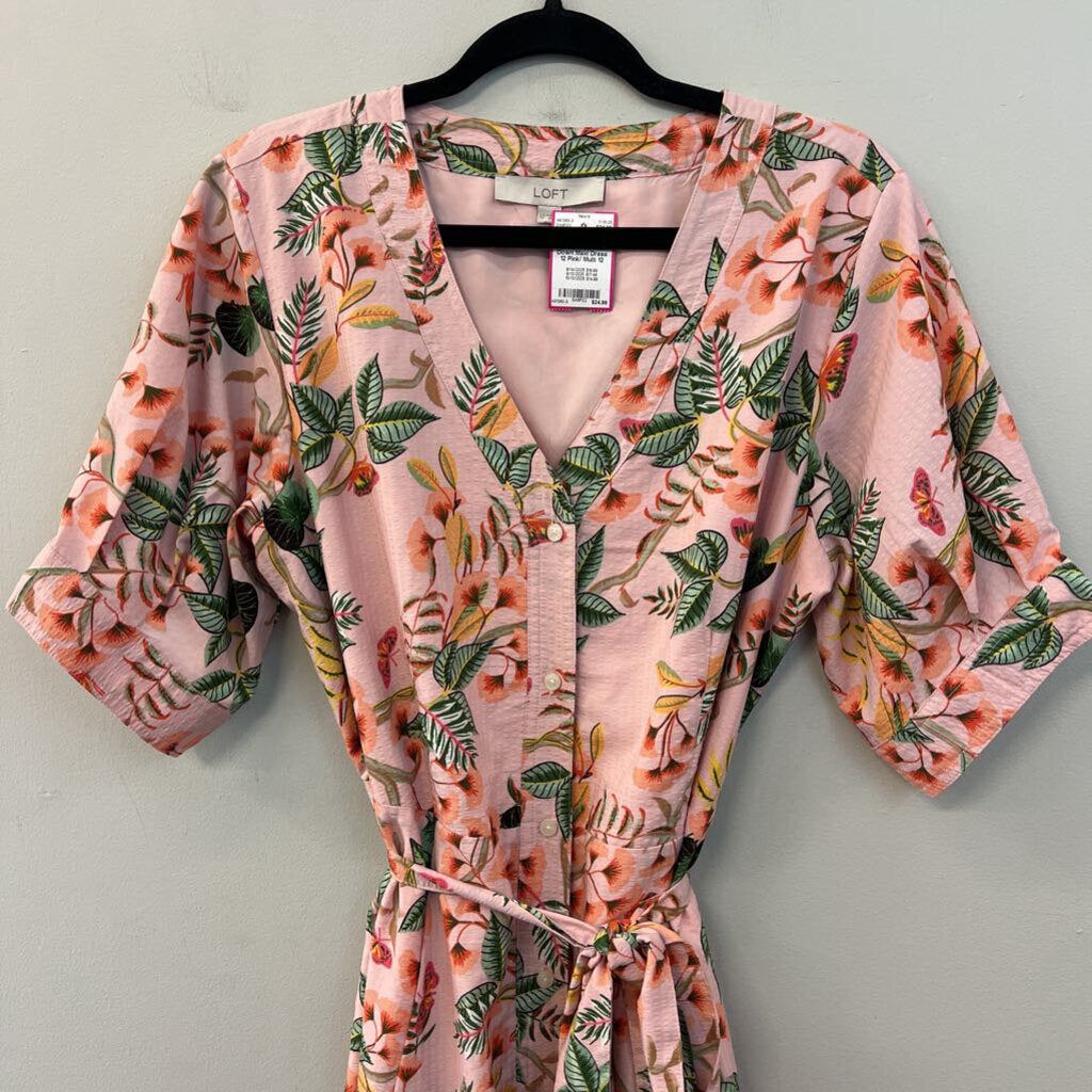 Loft Pink/ Multi Print Short Sleeve Button Down Maxi Dress 12