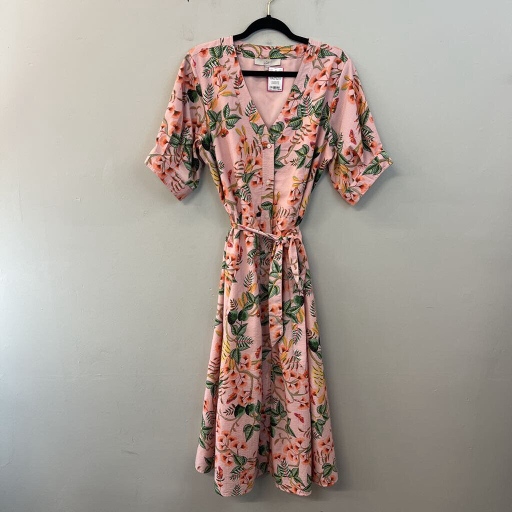 Loft Pink/ Multi Print Short Sleeve Button Down Maxi Dress 12