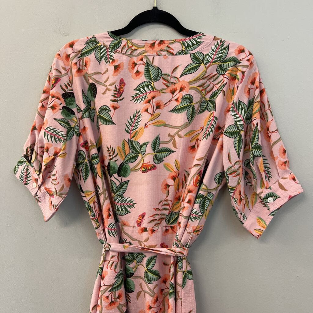 Loft Pink/ Multi Print Short Sleeve Button Down Maxi Dress 12