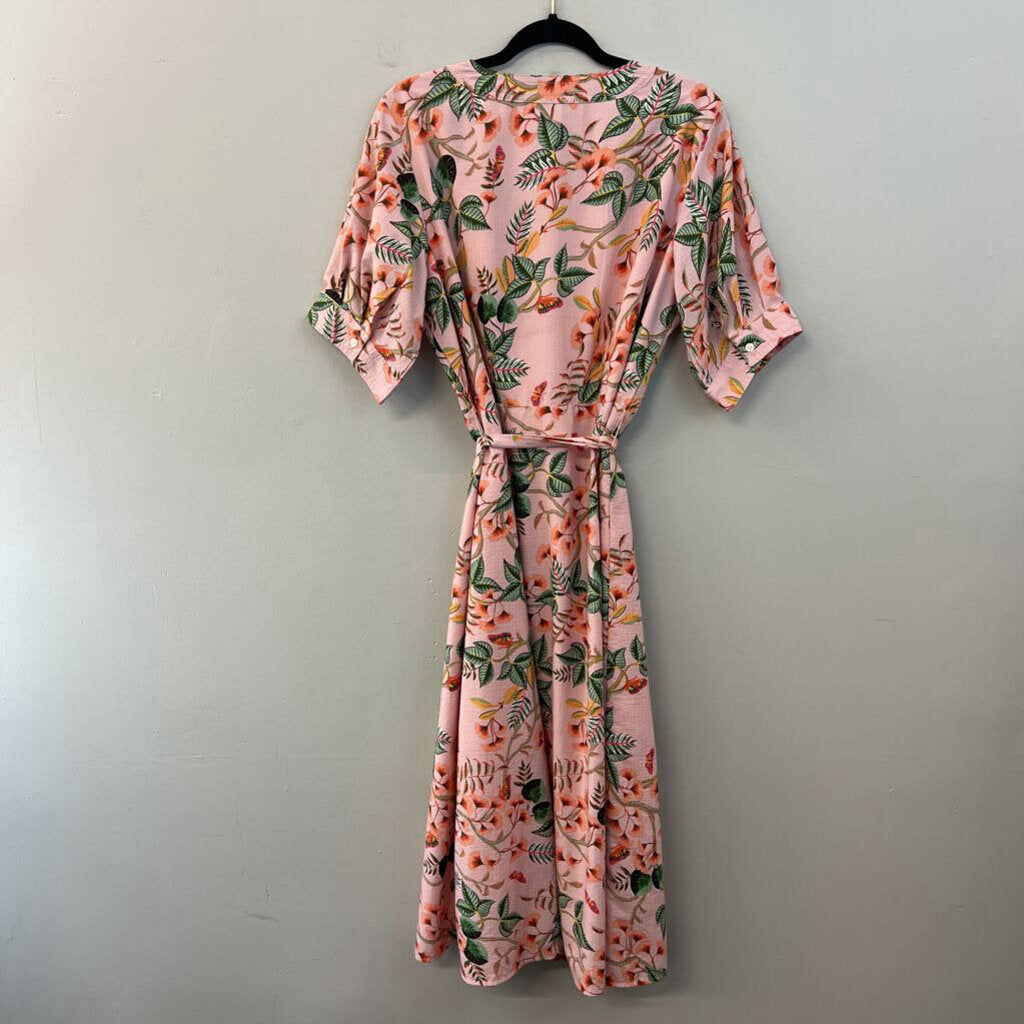 Loft Pink/ Multi Print Short Sleeve Button Down Maxi Dress 12