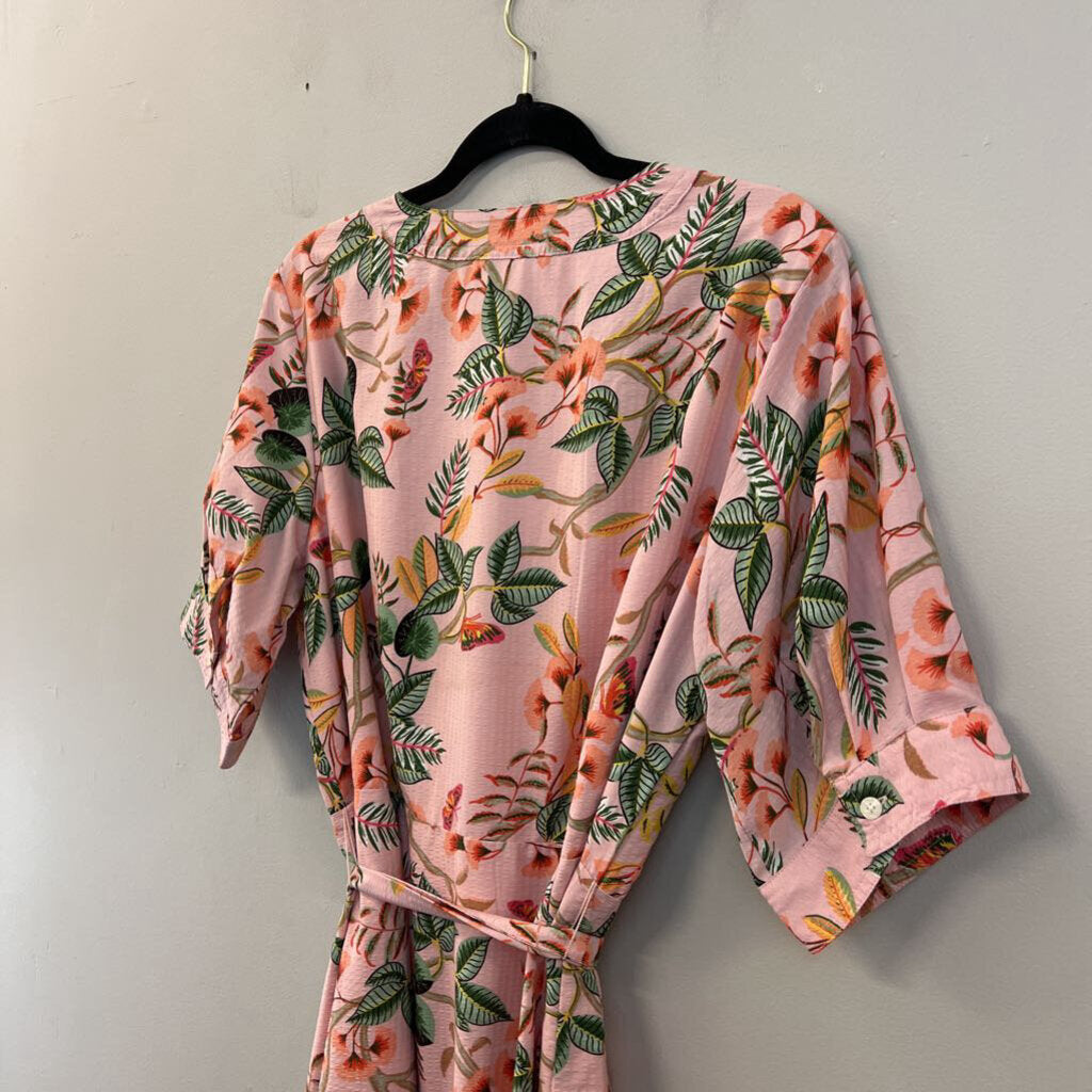 Loft Pink/ Multi Print Short Sleeve Button Down Maxi Dress 12