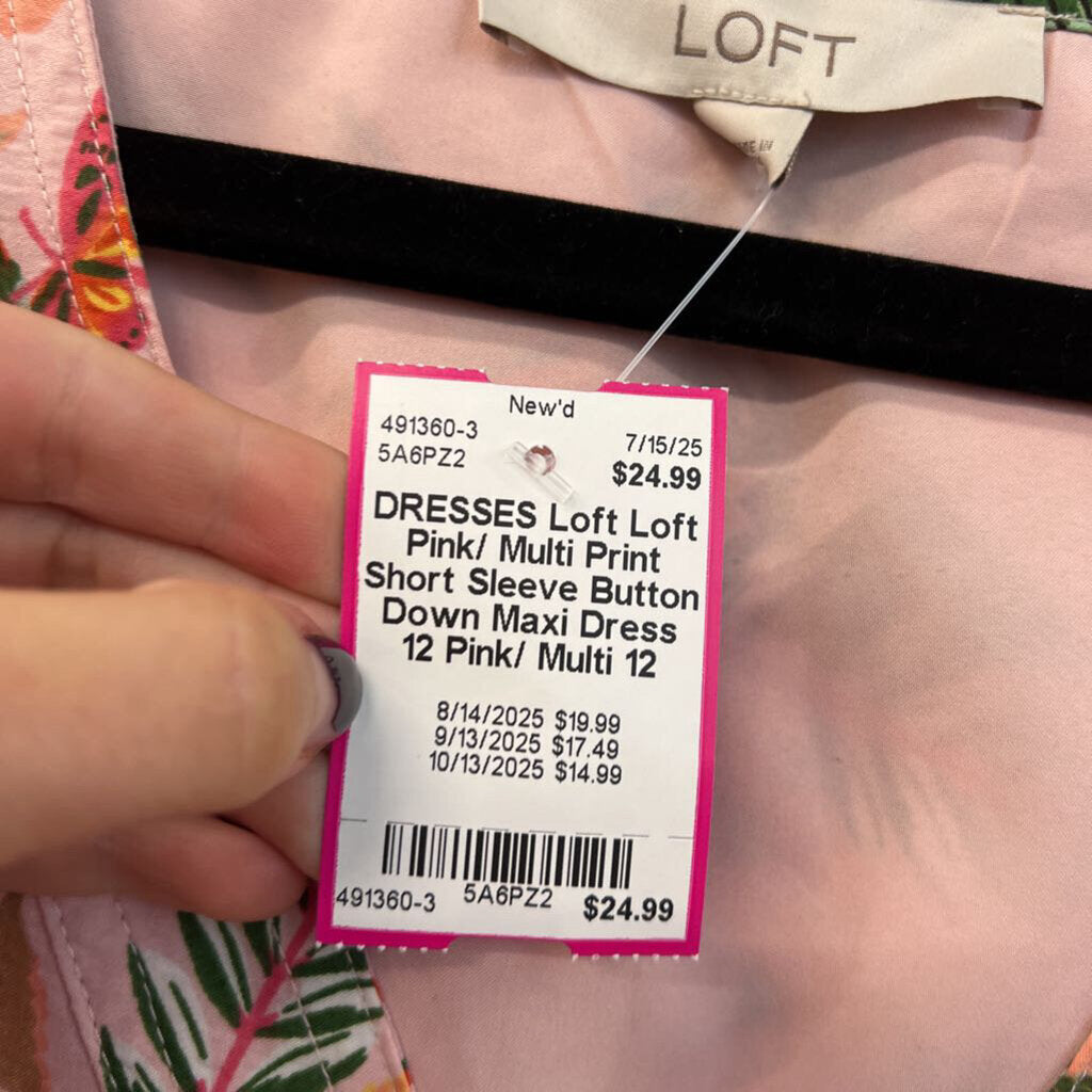 Loft Pink/ Multi Print Short Sleeve Button Down Maxi Dress 12