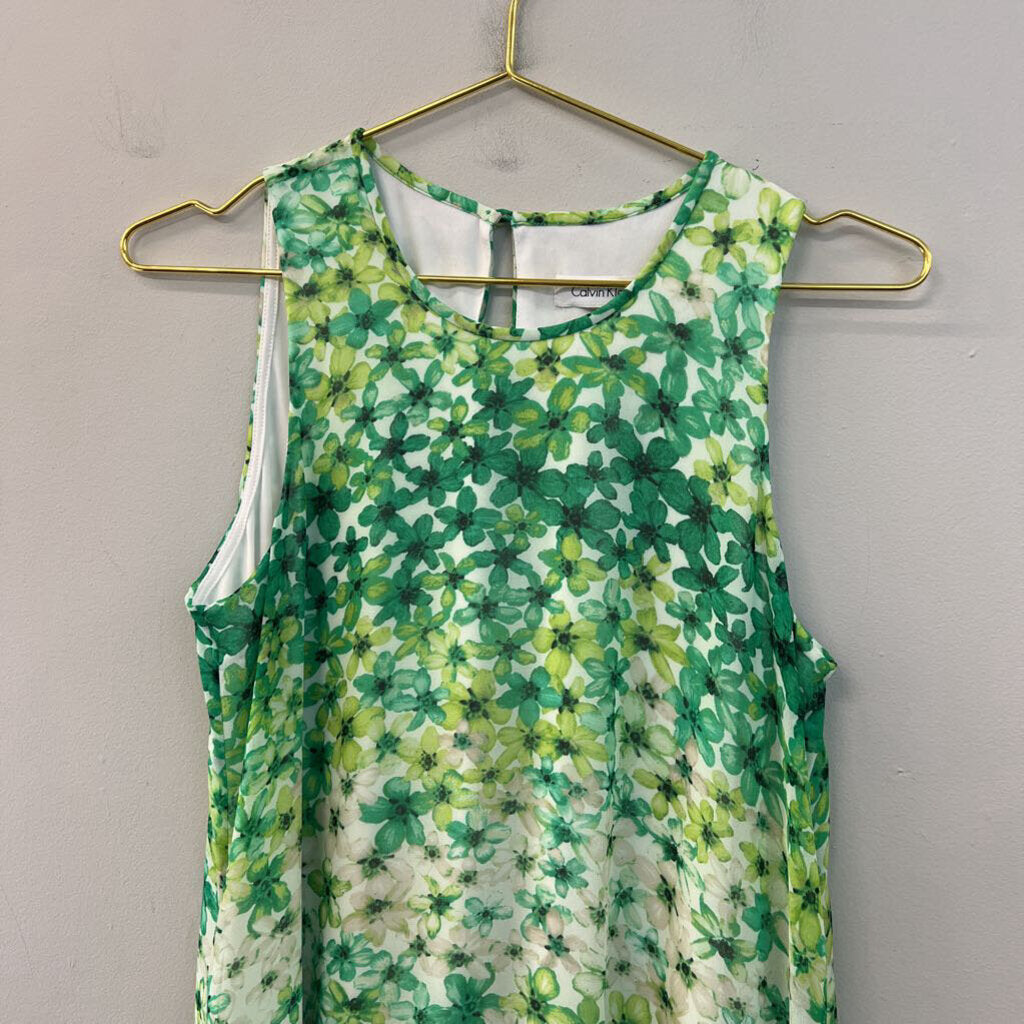 Calvin Klein White/ Green Flower Print Tank Shift Dress 8