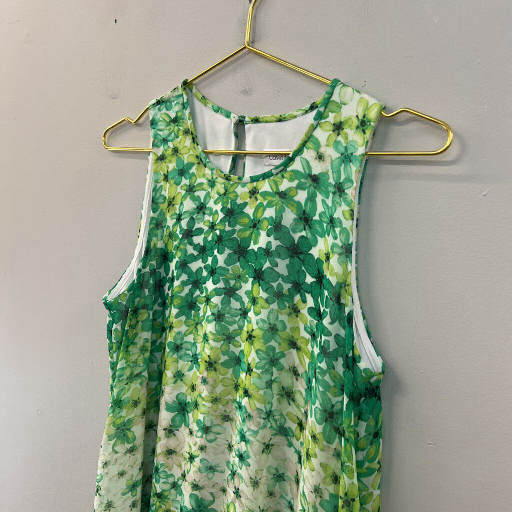 Calvin Klein White/ Green Flower Print Tank Shift Dress 8
