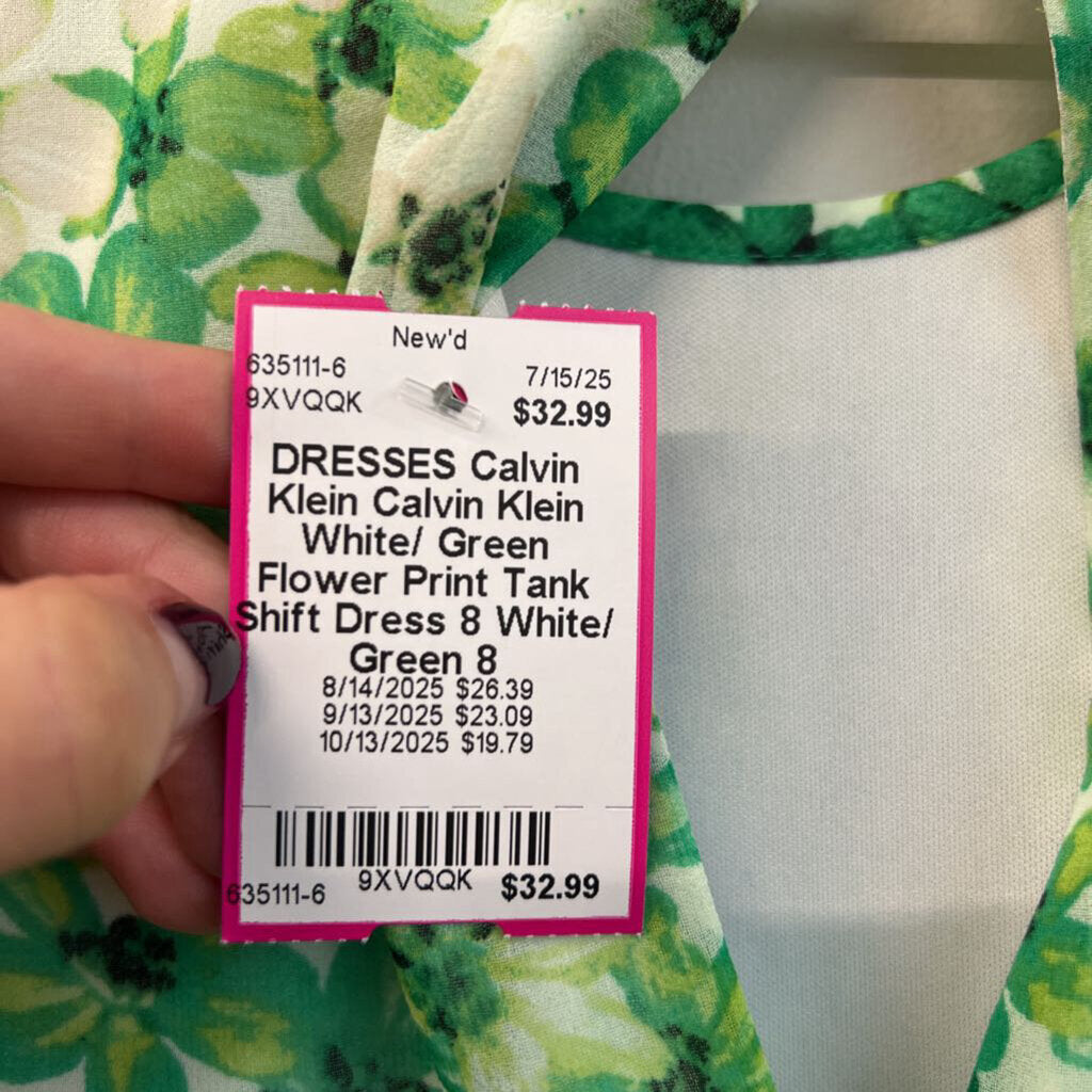 Calvin Klein White/ Green Flower Print Tank Shift Dress 8
