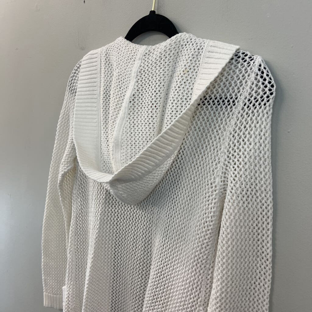 Talbots White Open Knit Long Sleeve Open Front Hooded Cardigan Small Petite