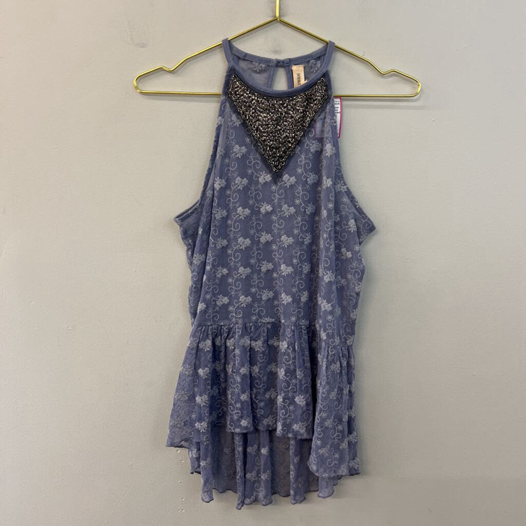 Black Swan Blue Embroidered Beaded Neck Tank Top Medium