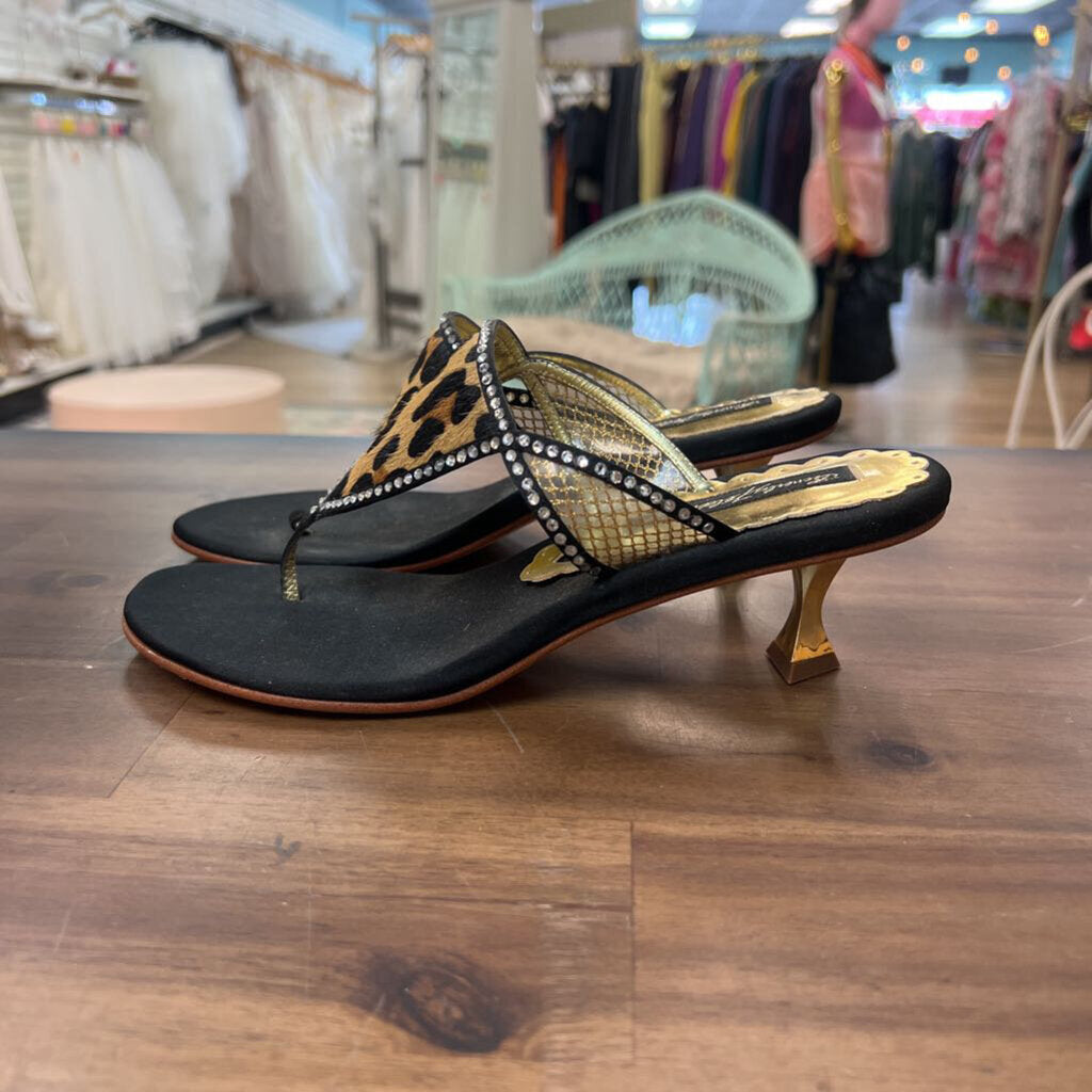 Beverly Feldman Black/ Brown Leopard Print Slip On Lalla Heels 6