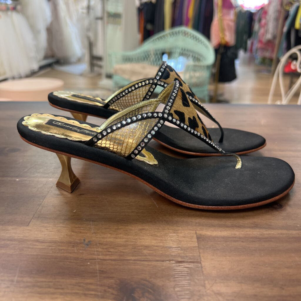 Beverly Feldman Black/ Brown Leopard Print Slip On Lalla Heels 6