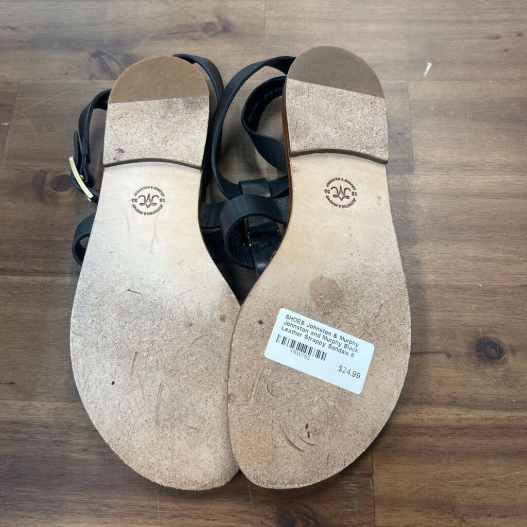 Johnston and Murphy Black Leather Strappy Sandals 6