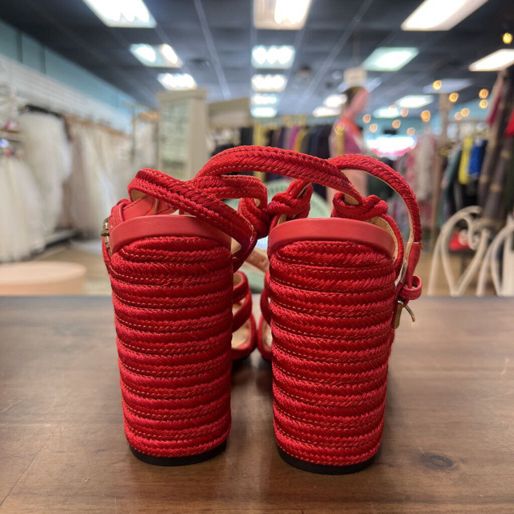 Cabi Red Woven Tiptoe Strappy Block Heels 7