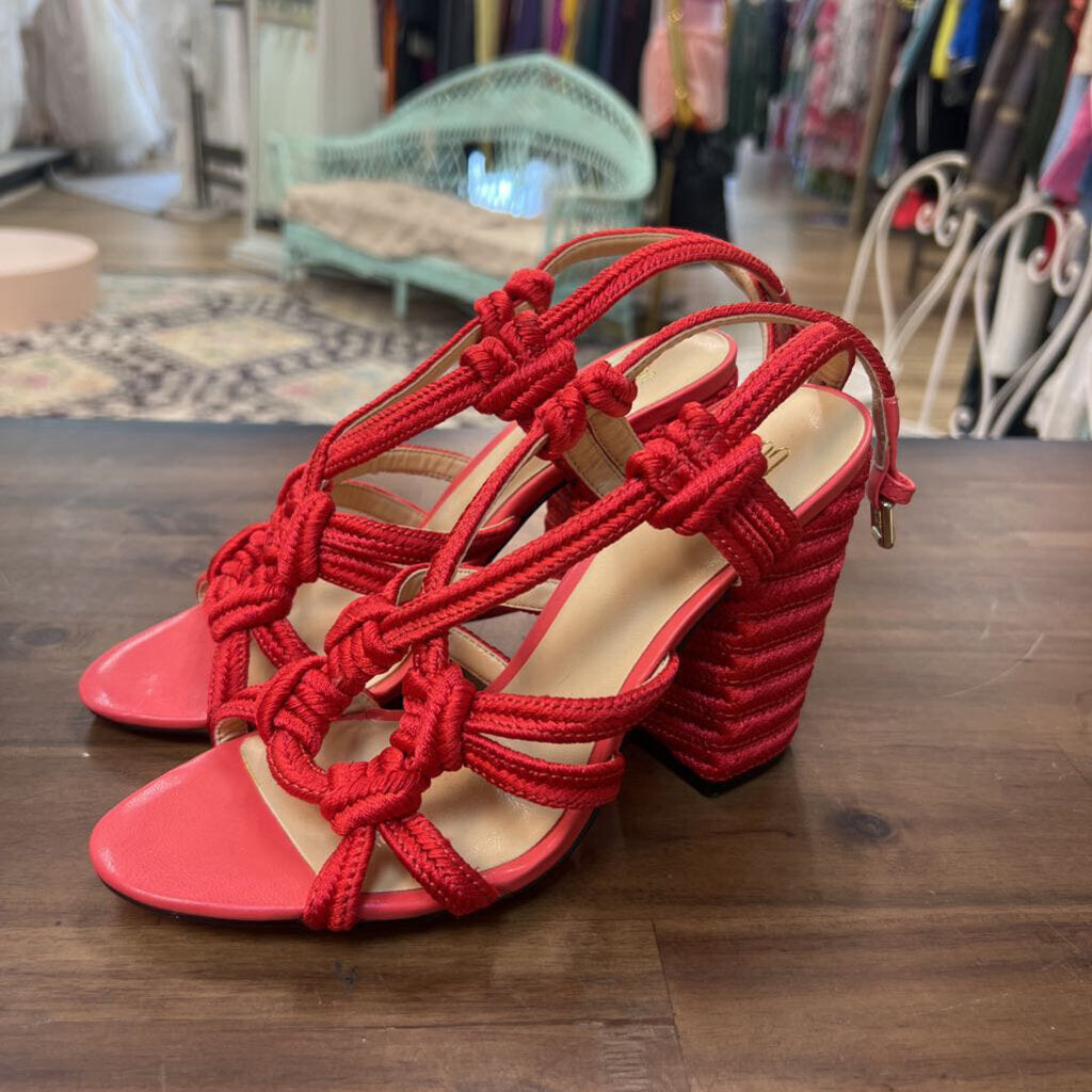 Cabi Red Woven Tiptoe Strappy Block Heels 6