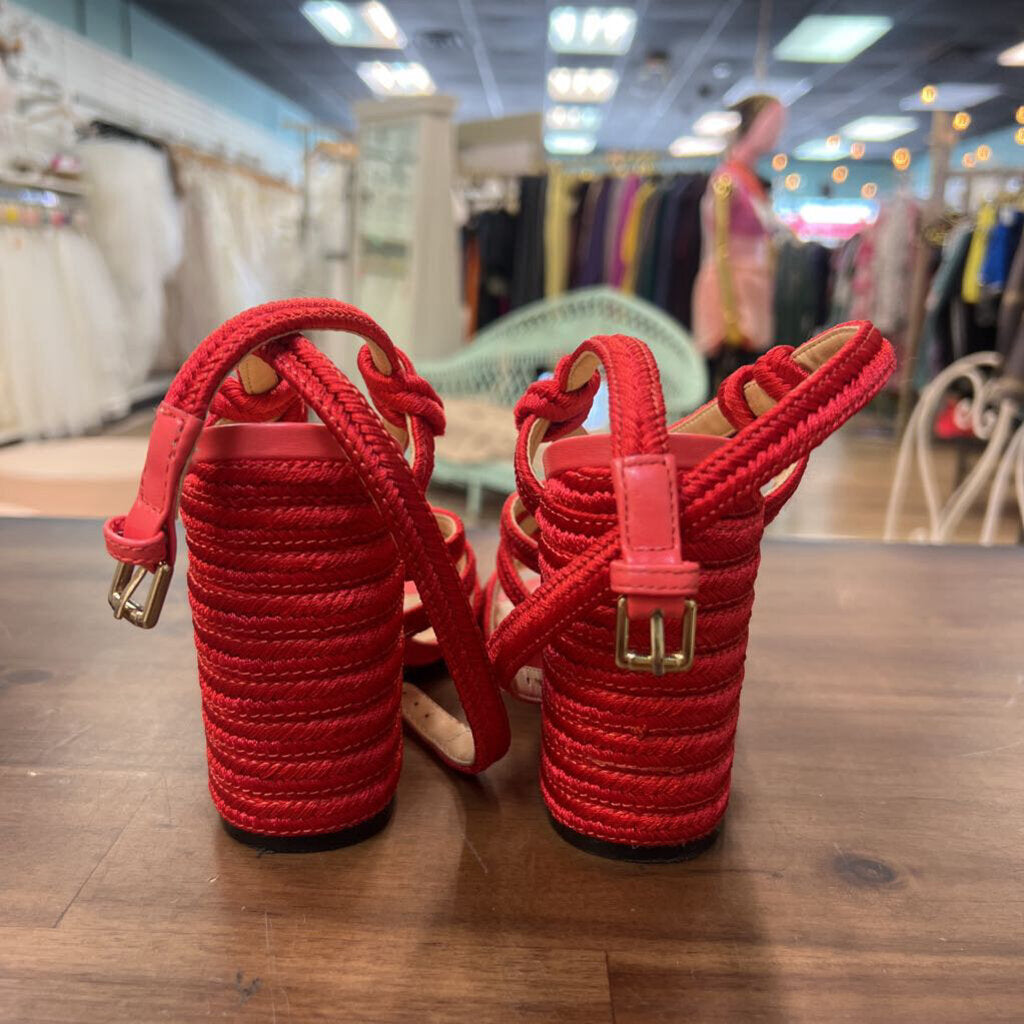 Cabi Red Woven Tiptoe Strappy Block Heels 6