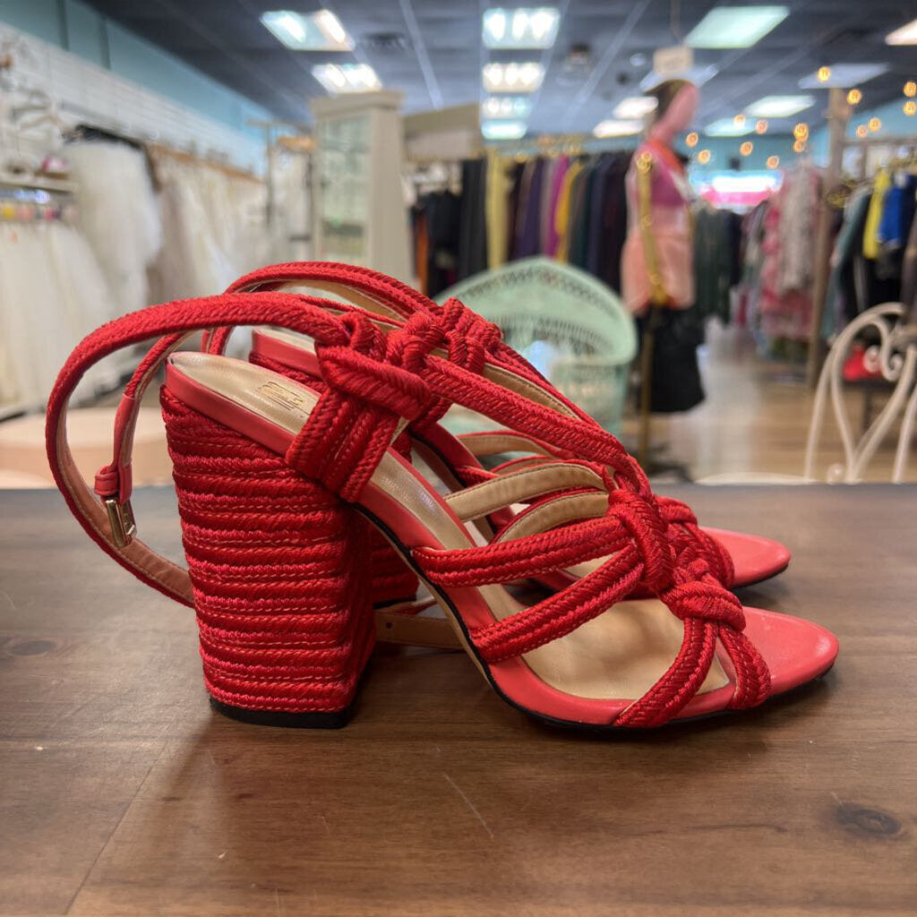 Cabi Red Woven Tiptoe Strappy Block Heels 6
