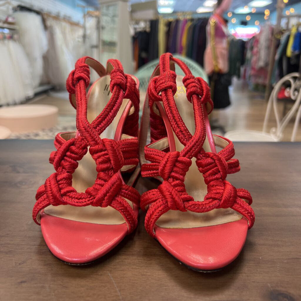 Cabi Red Woven Tiptoe Strappy Block Heels 6
