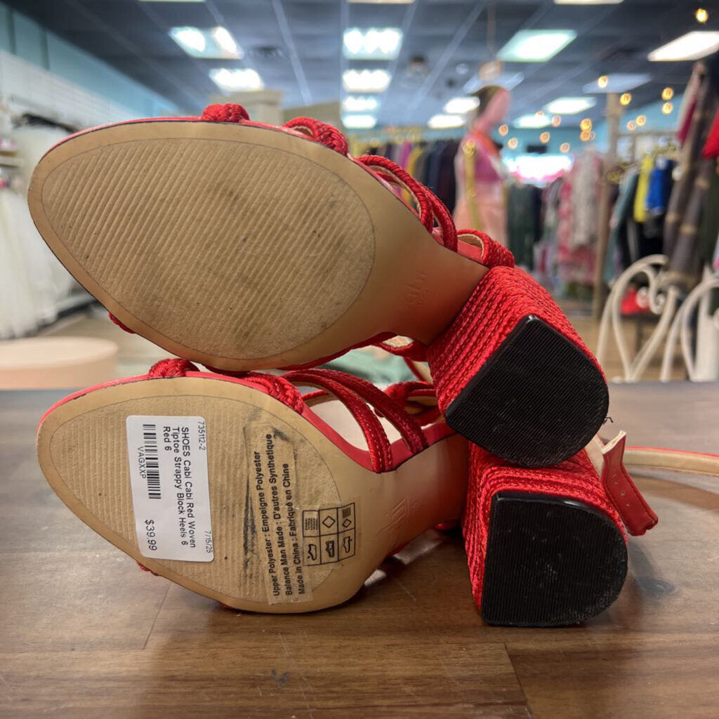 Cabi Red Woven Tiptoe Strappy Block Heels 6