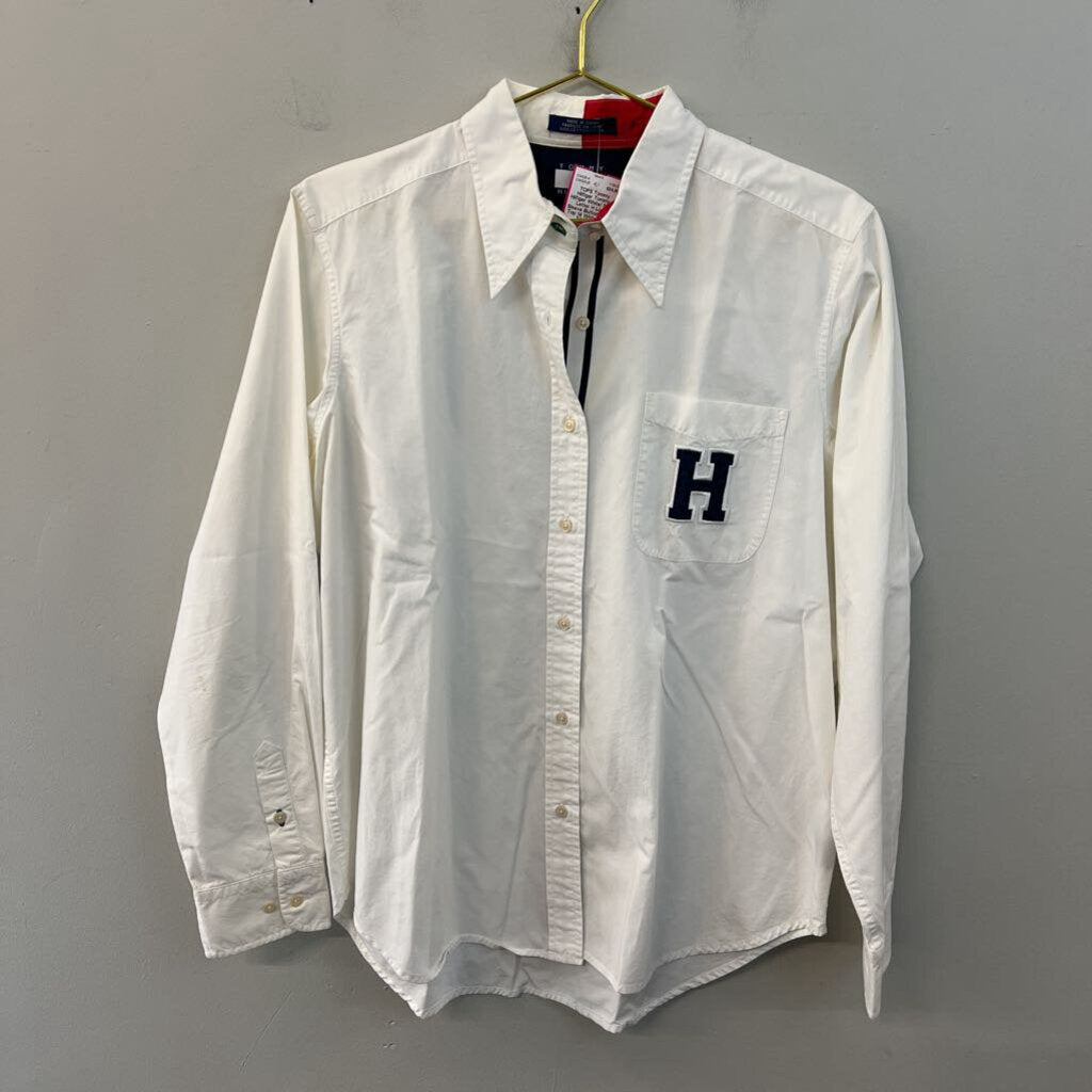 Tommy Hilfiger White/ Navy Letter H Long Sleeve Button Down Top 14