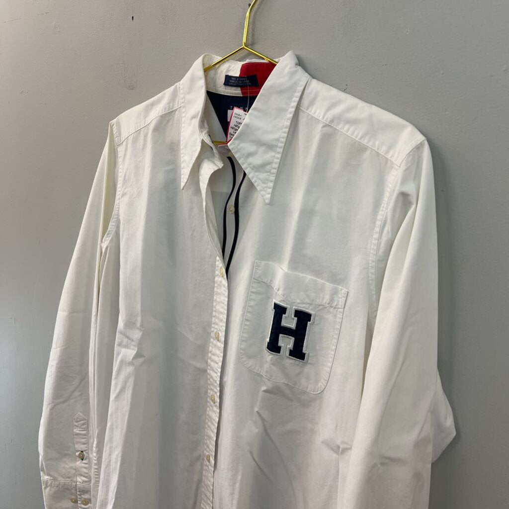 Tommy Hilfiger White/ Navy Letter H Long Sleeve Button Down Top 14