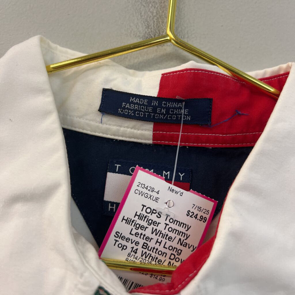 Tommy Hilfiger White/ Navy Letter H Long Sleeve Button Down Top 14