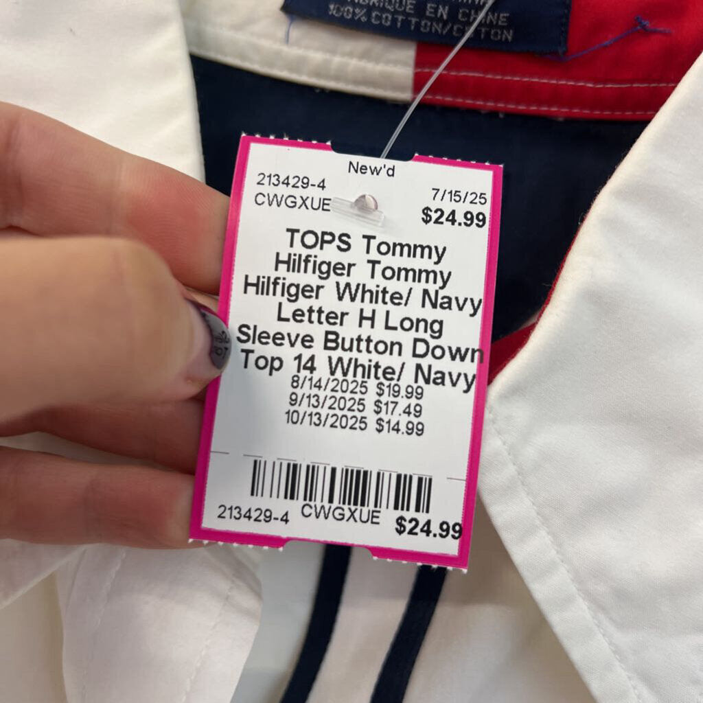 Tommy Hilfiger White/ Navy Letter H Long Sleeve Button Down Top 14