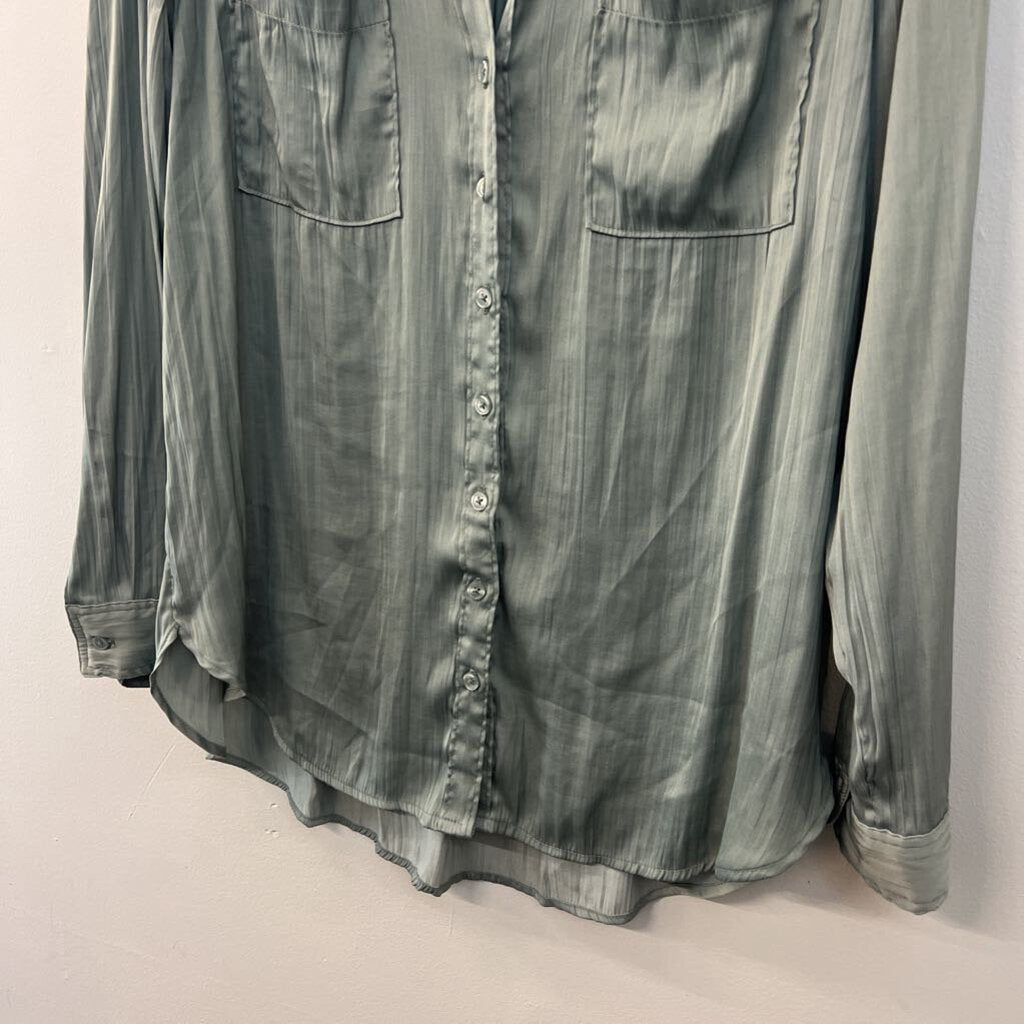 Anthropologie Green Silky Long Sleeve Button Down Top Medium