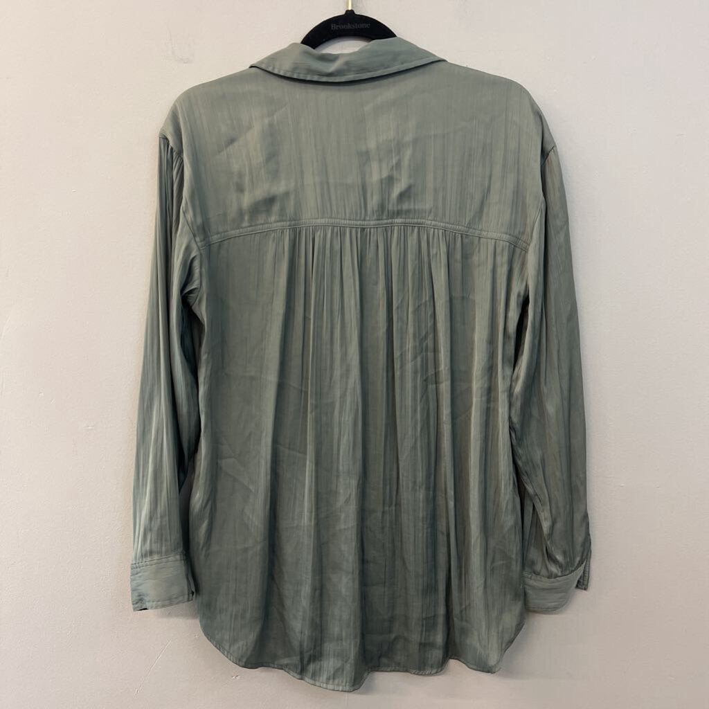 Anthropologie Green Silky Long Sleeve Button Down Top Medium