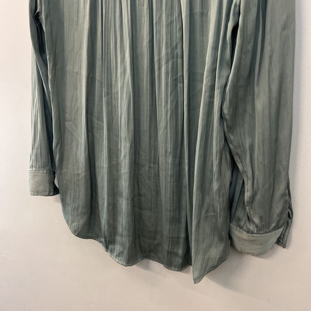 Anthropologie Green Silky Long Sleeve Button Down Top Medium