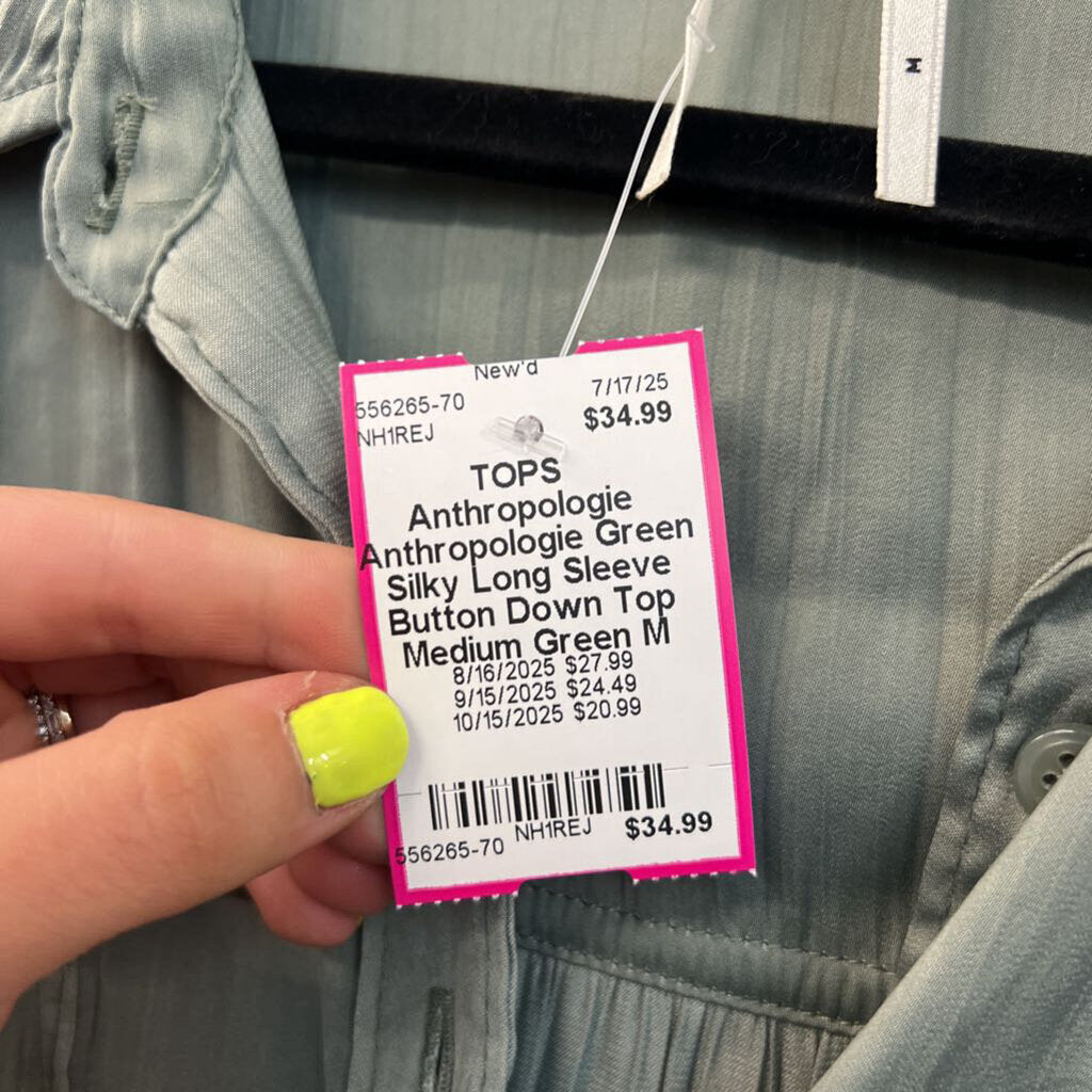 Anthropologie Green Silky Long Sleeve Button Down Top Medium