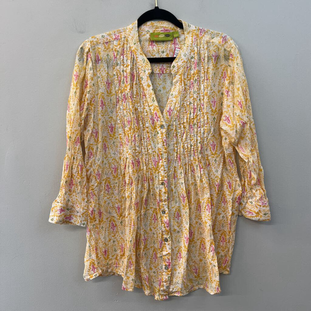 Rock Flower Paper White/ Yellow Print Long Sleeve Button Front Top Large
