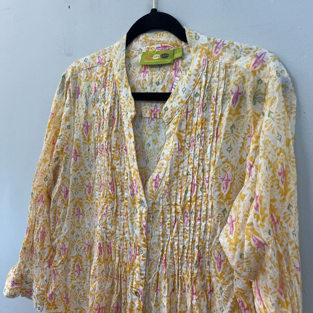 Rock Flower Paper White/ Yellow Print Long Sleeve Button Front Top Large