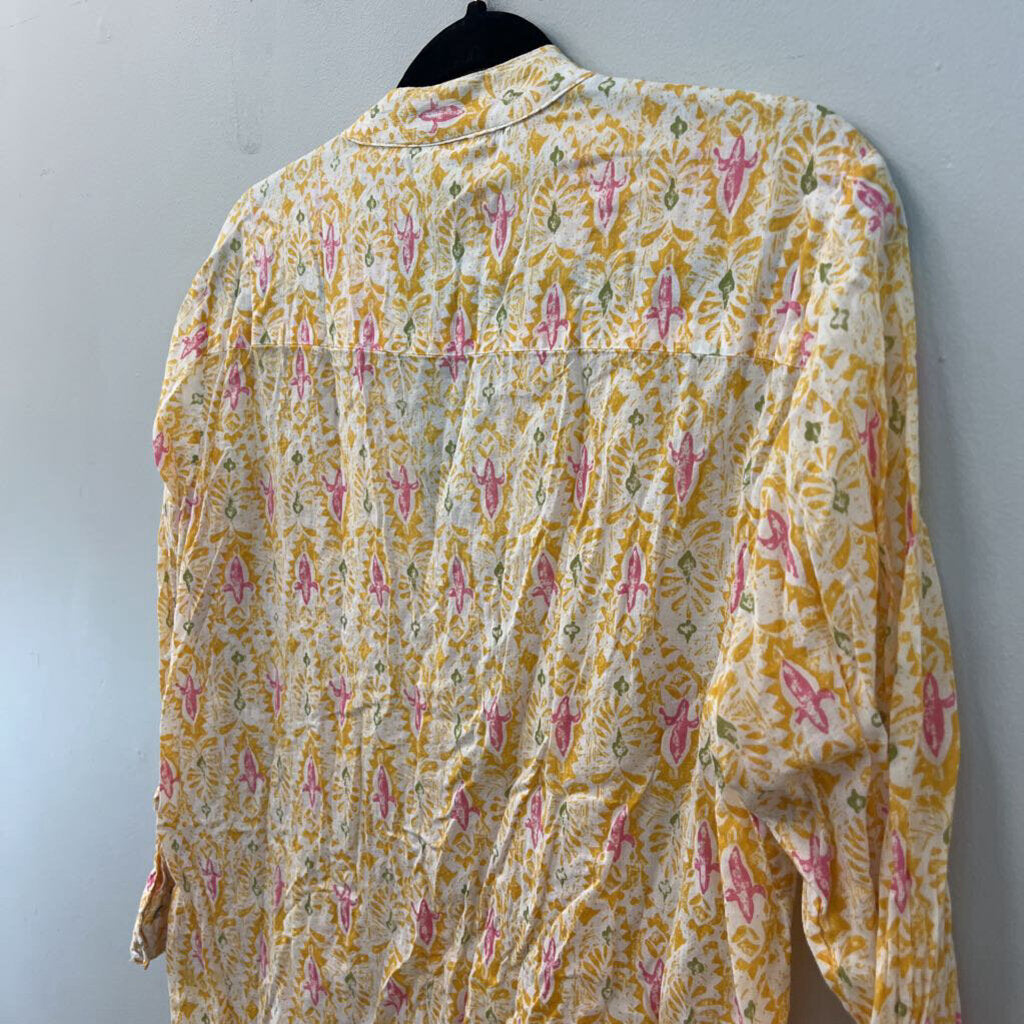 Rock Flower Paper White/ Yellow Print Long Sleeve Button Front Top Large