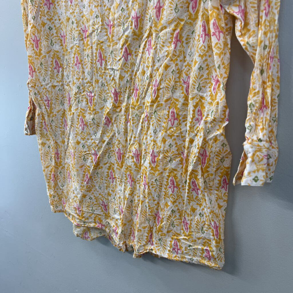 Rock Flower Paper White/ Yellow Print Long Sleeve Button Front Top Large