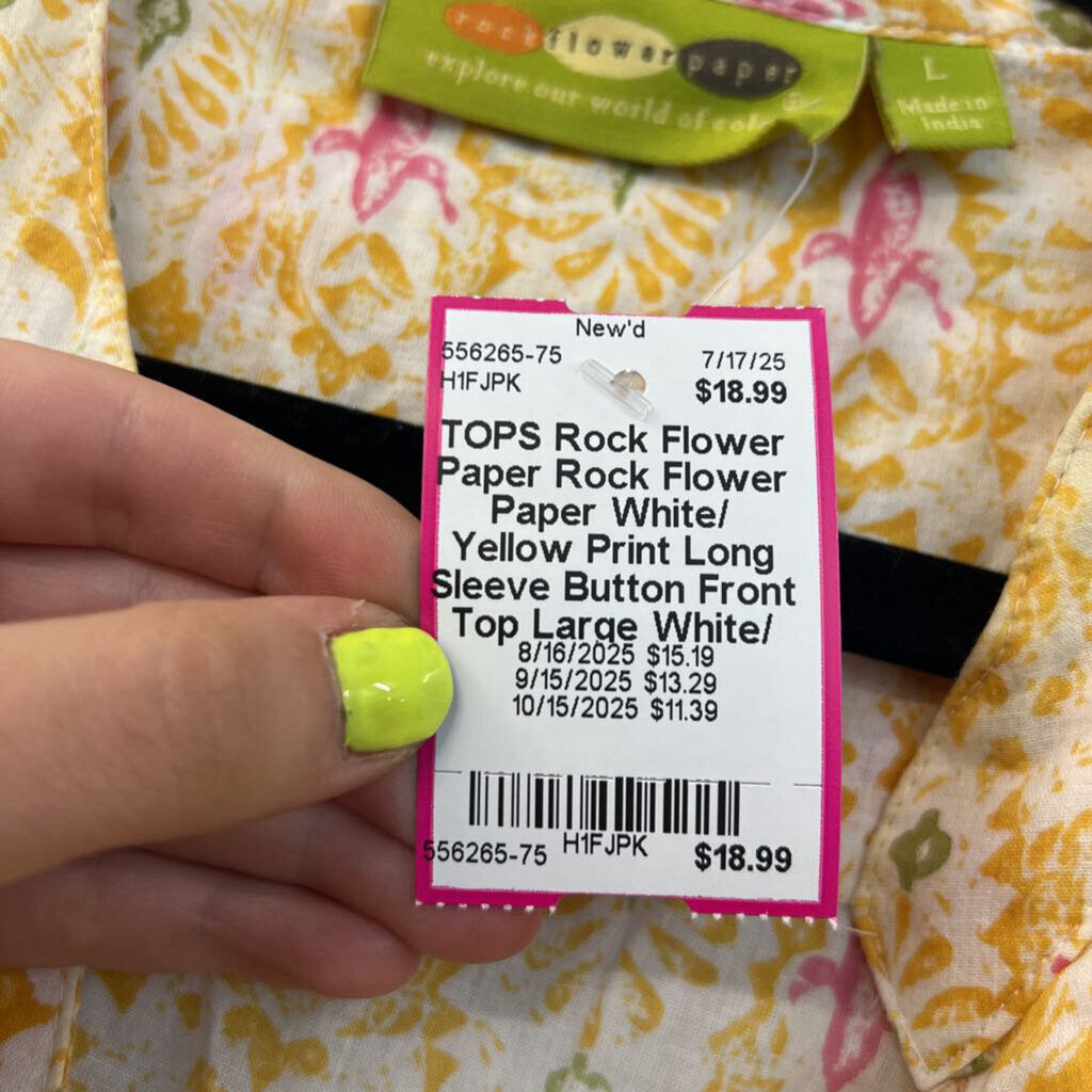 Rock Flower Paper White/ Yellow Print Long Sleeve Button Front Top Large