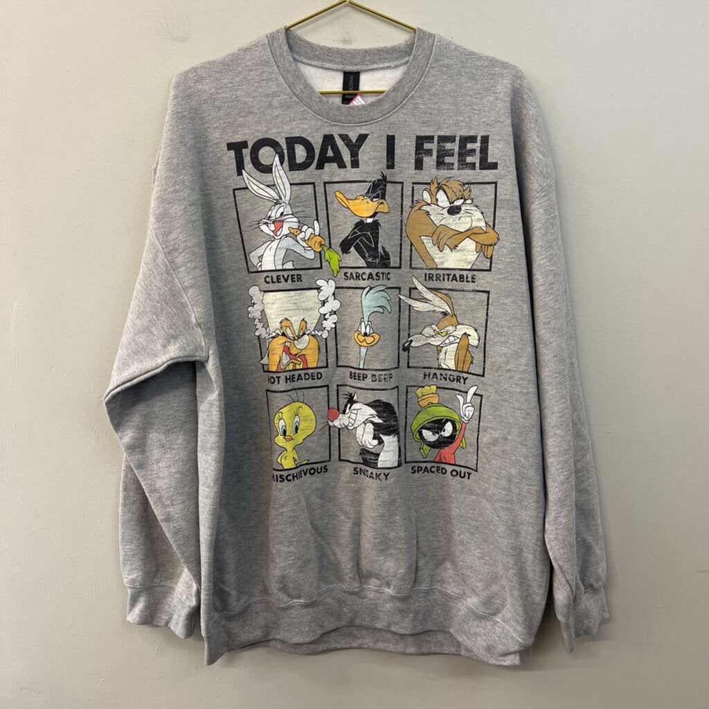 Gildan Grey/ Multi Looney Tunes Long Sleeve Graphic Pullover Extra Large
